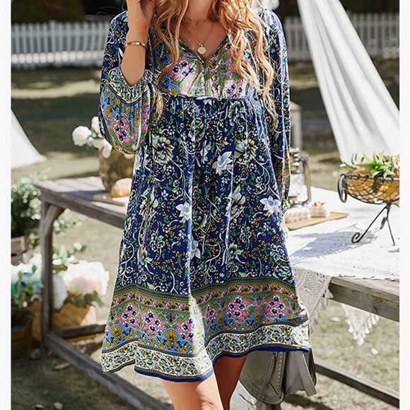 Boho Summer Dress 3/4 Sleeve Womens Medium M - Picture 2 of 6